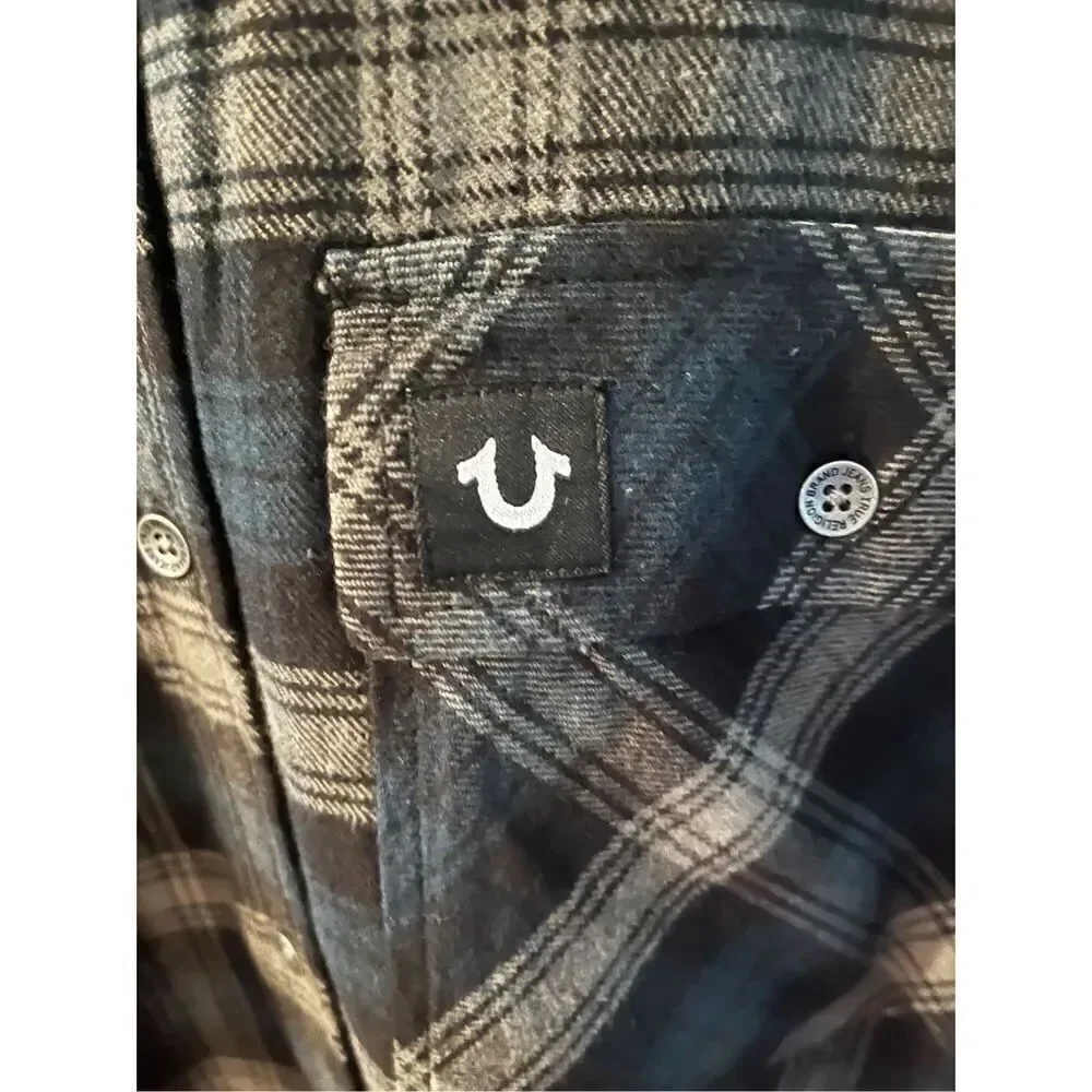 True Religion Triple Needle Plaid Blue Black Gray Flannel Button Down Shirt sz X